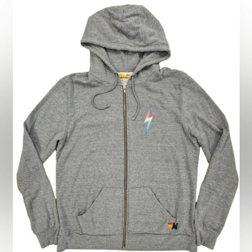 Aviator Nation Bolt Zip Hoodie in Heather/Rainbow Pink XL - Picture 2 of 8